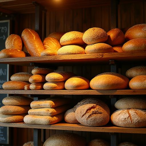 Regal gefüllt mit verschiedenen Brotsorten