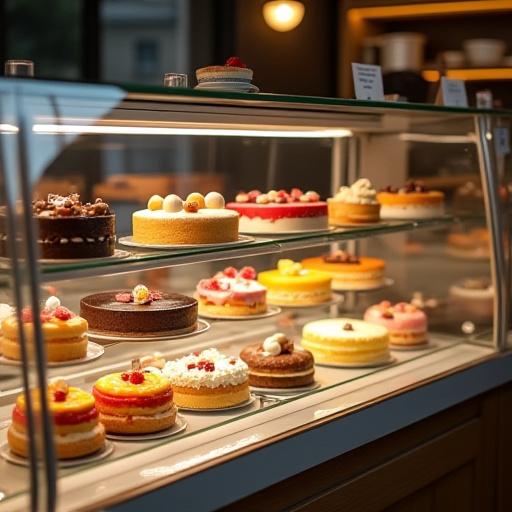 Blick in die Tortenvitrine mit Kuchenauswahl
